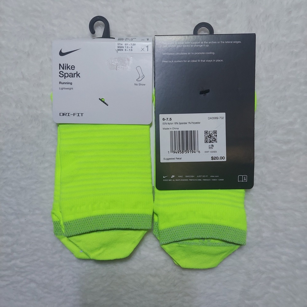 Pack ok 2 Nike Spark Running Socks Men's 6-7.5 Volt No Show Dri-FIT DA3589-702